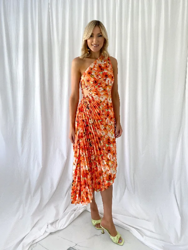 Margaret One Shoulder Draped Floral Dress - Orange