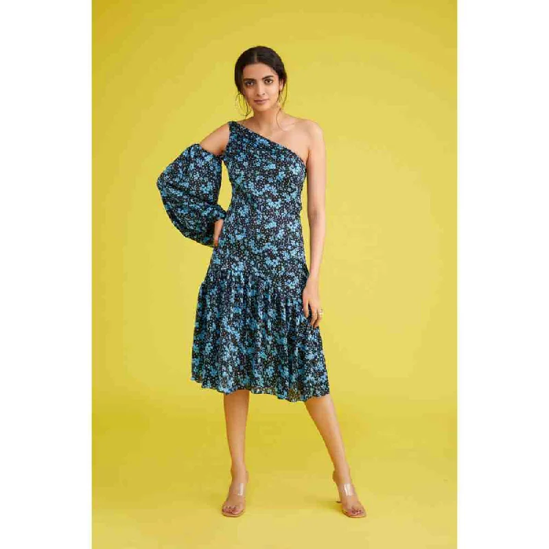 Poppi Floral Black One Shoulder Midi Champagne Dress