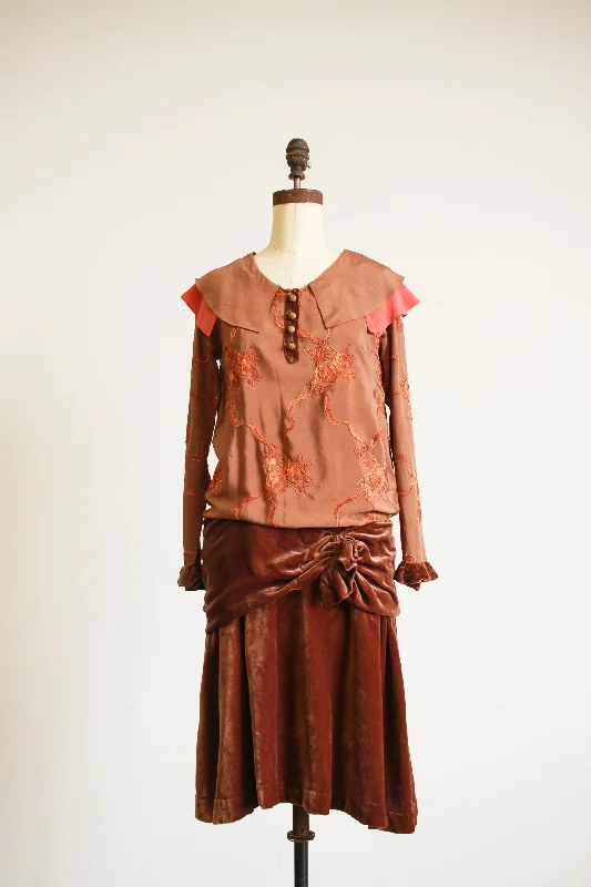 1920s Caramel Silk Embroidered Drop Waist Dress