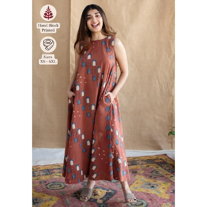 The Indian Ethnic Co. Brick Brown A-Line Ajrakh Printed Dress with Round Neck & Sleeveless