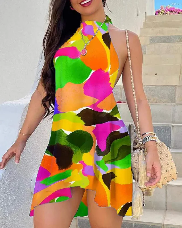 TIE DYE PRINT COLORBLOCK BACKLESS SWING DRESS