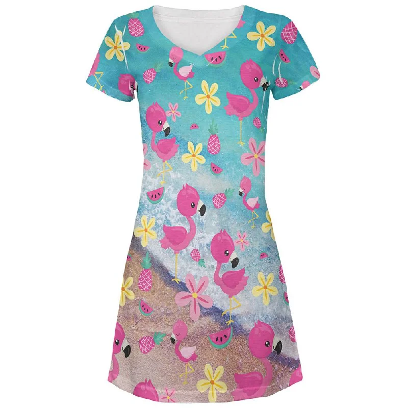 Summer Tropical Beach Flamingos All Over Juniors Beach Cover-Up Dress