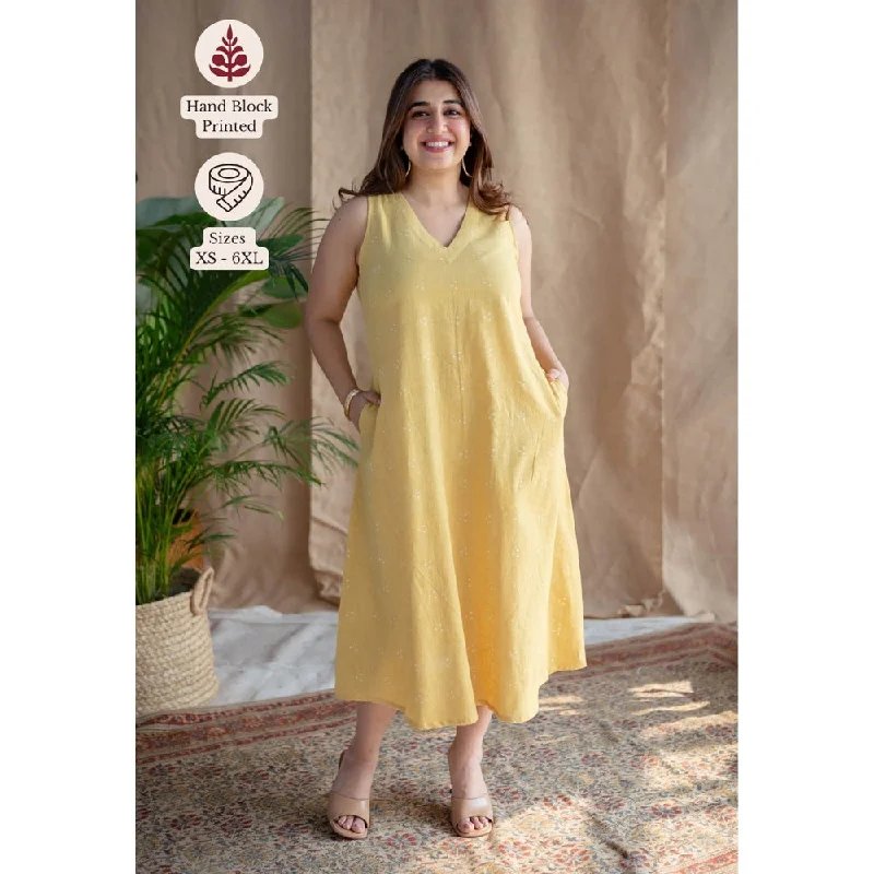 The Indian Ethnic Co. Yellow A-Line Dabu Slub Cotton Dress Printed V Neck With Sleeveless