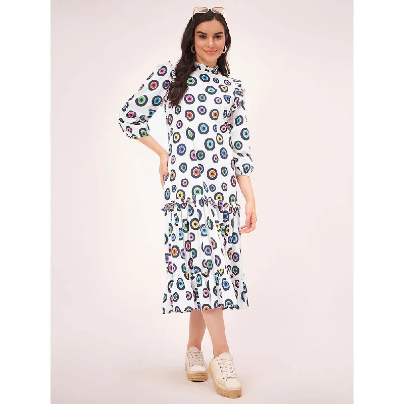 First Resort by Ramola Bachchan White Evil Eye Frill Midi Length Dress