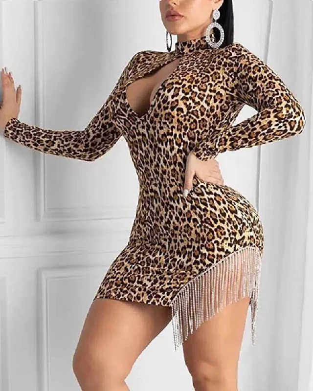 LEOPARD PRINT KEYHOLE SIDE TASSEL SEQUINS DRESS
