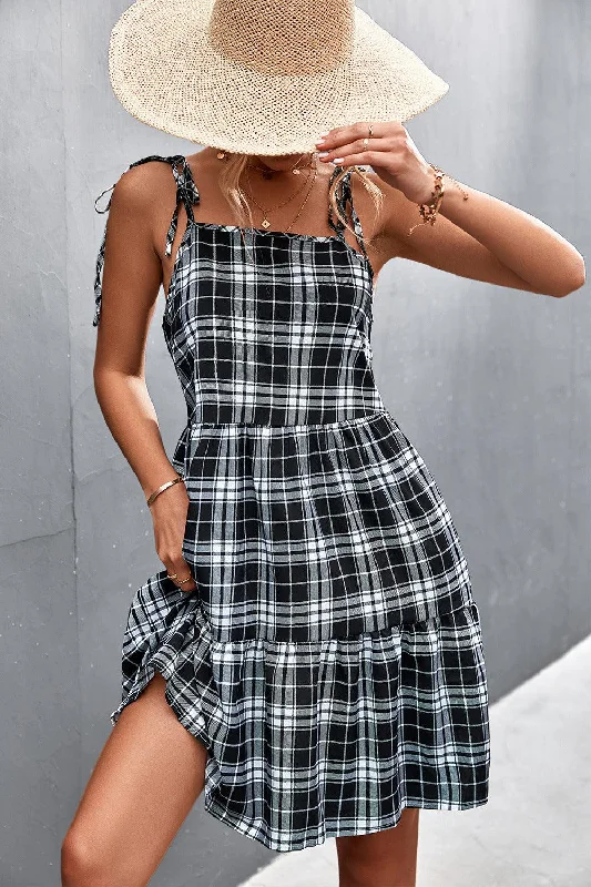 Plaid Tie-Shoulder Tiered Dress
