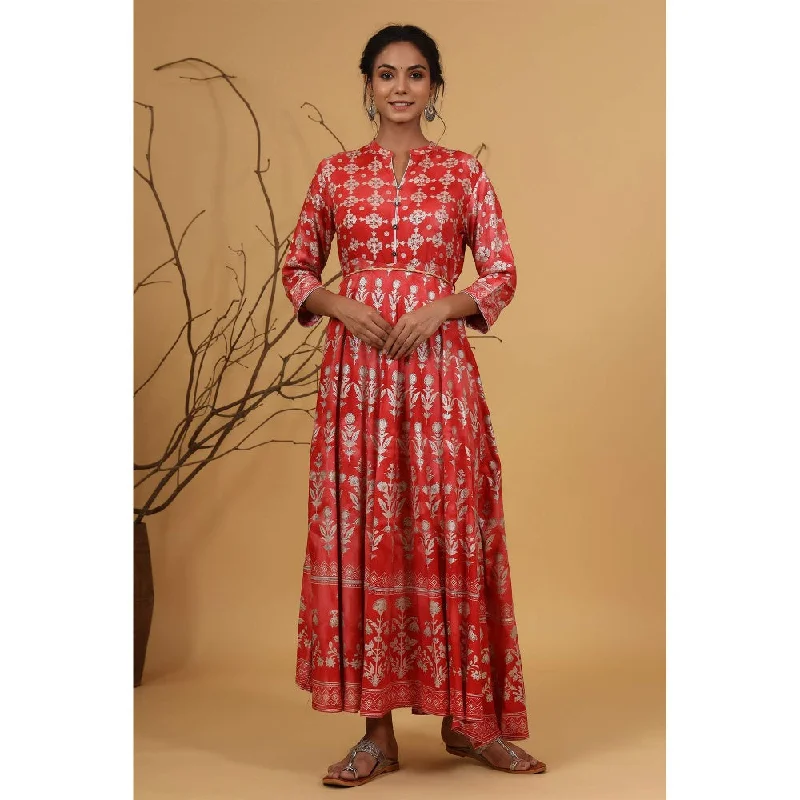 Juniper Peach Rayon Printed Flared Dress With Waist Tie-Up