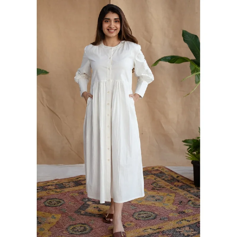 The Indian Ethnic Co. White Poplin Cotton Solid Dress