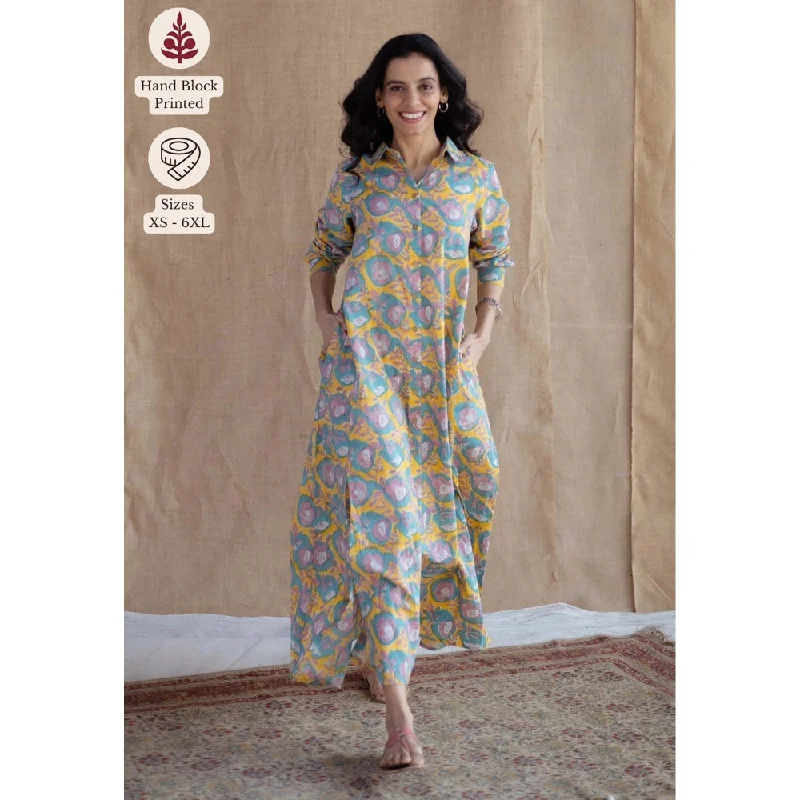 The Indian Ethnic Co. Multi-Color A-Line Sanganeri Printed Slub Cotton Dress