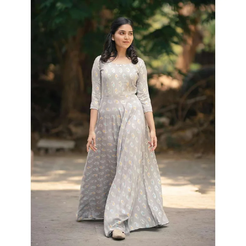 Vinya Grey Rayon Printed Fit & Flare Dress with Shell Button Detailing