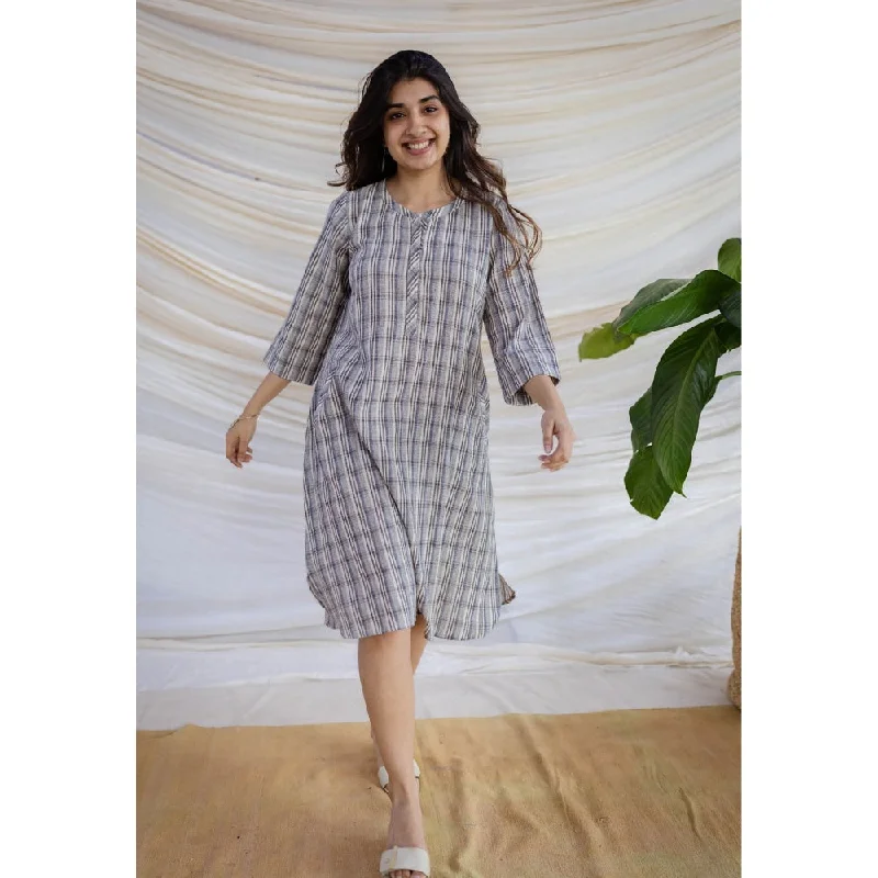 The Indian Ethnic Co. Multi Straight Handwoven Kala Cotton Dress With Mandarin Neck