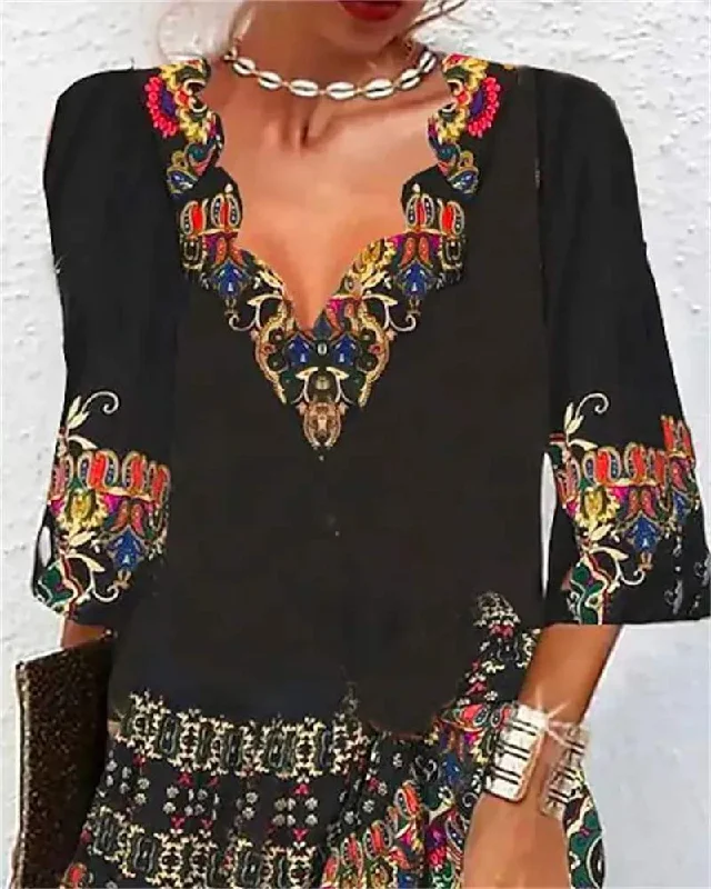 TRIBAL PRINT SCALLOP TRIM CASUAL DRESS