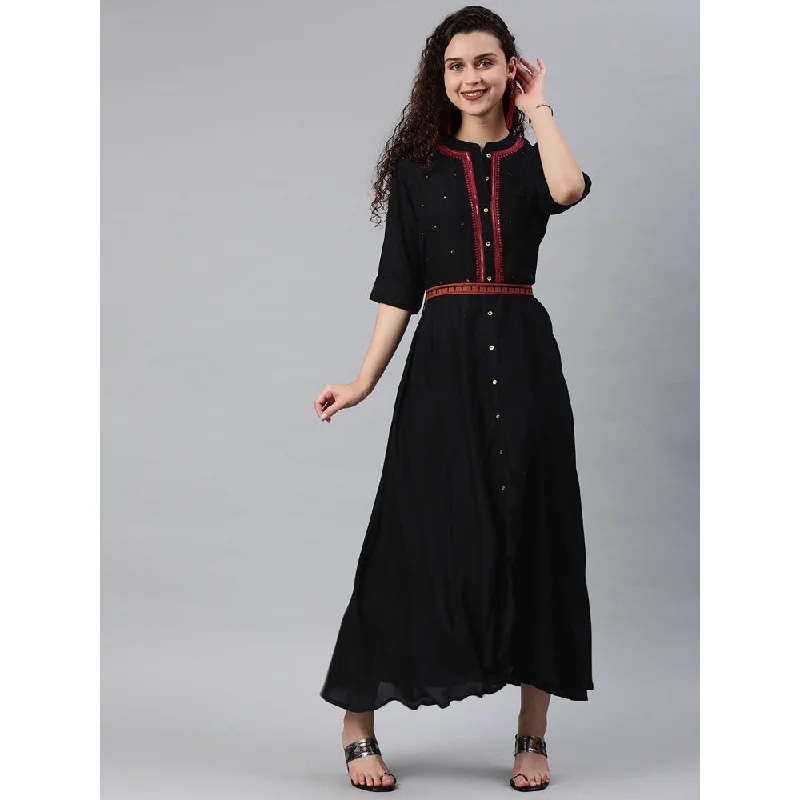 Juniper Black Rayon Embellished Kurta Dress With Belt (Set Of 2)