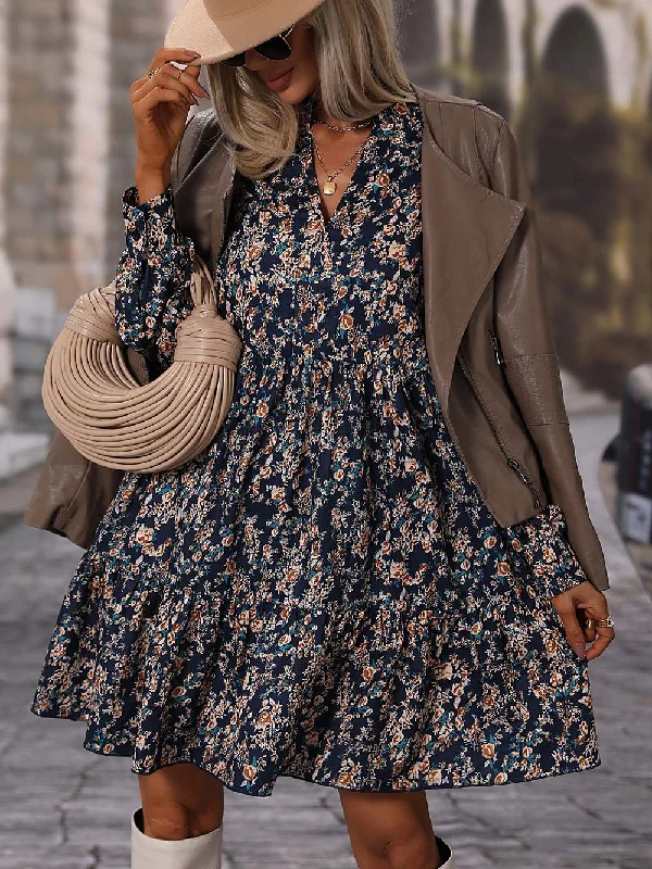 ALLOVER FLORAL PRINT BISHOP SLEEVE RUFFLE HEM DRESS
