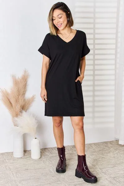 Zenana Stylish V-Neck Dress with Rolled Short Sleeves in 90% Polyester - Highly Stretchy