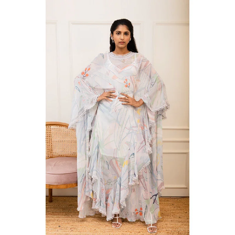 VARUN BAHL Ice Blue Floral Printed Ruffle Cape Dress
