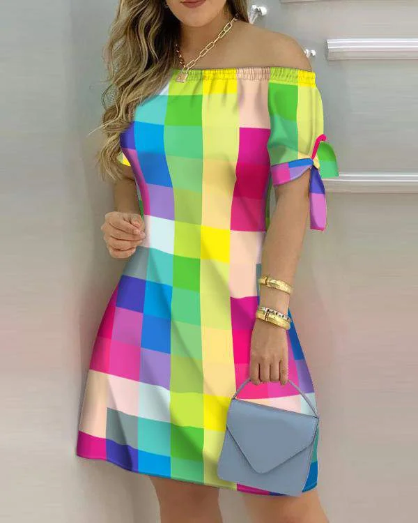 Ombre Colorblock Off Shoulder Tie Detail Casual Dress