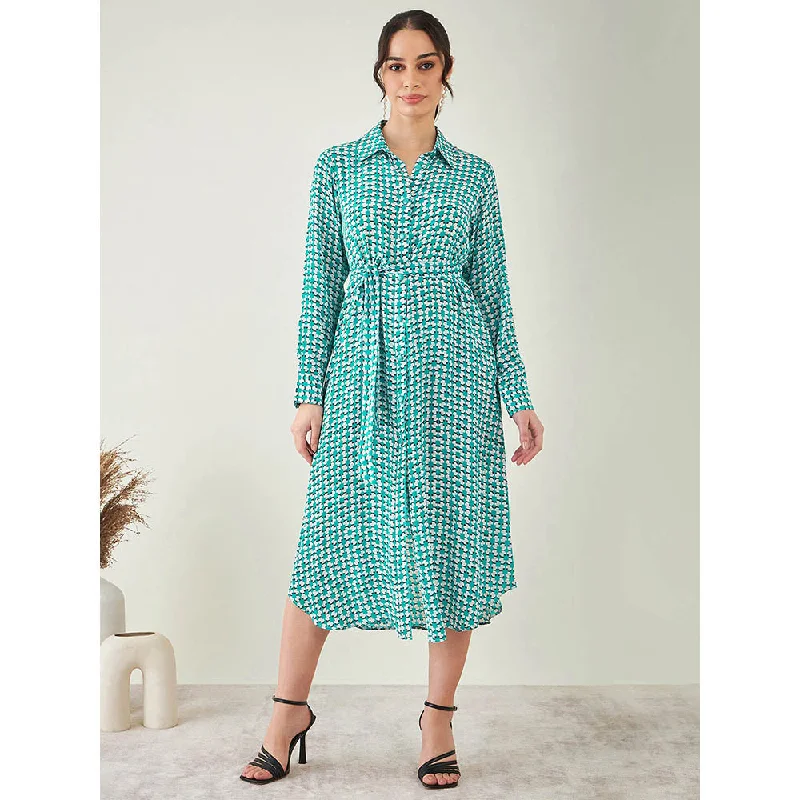 First Resort by Ramola Bachchan Turquoise & White Geometric Dress with Belt (Set of 2)