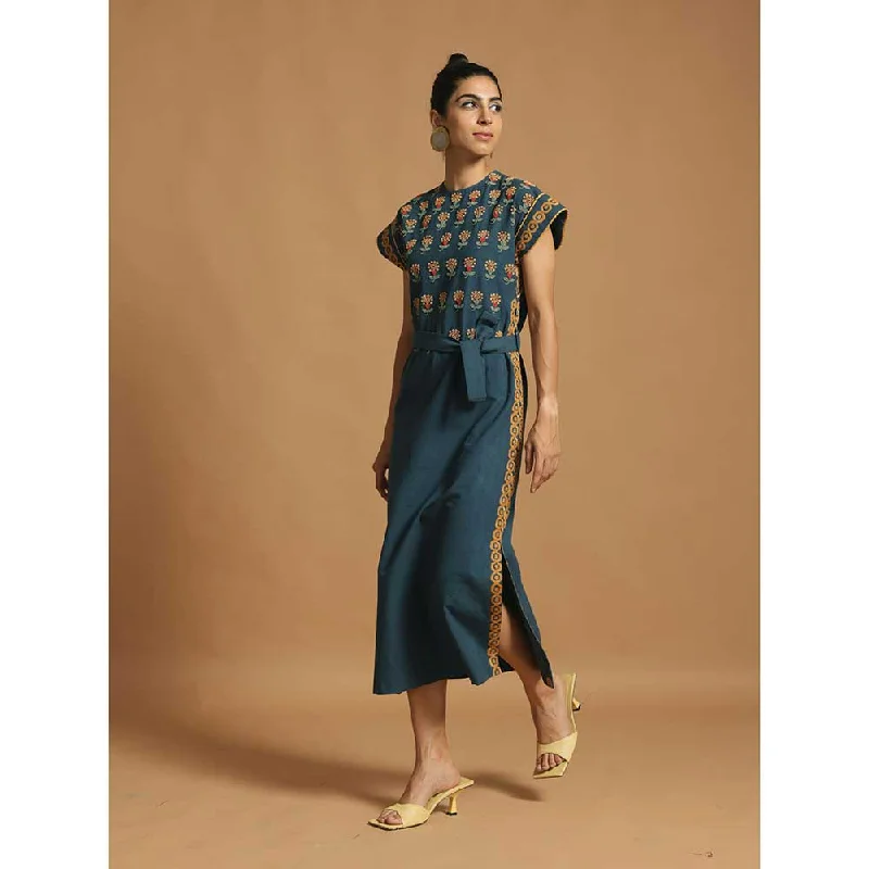 CHANDRIMA Blue Kala Cotton Slit Dress With Belt