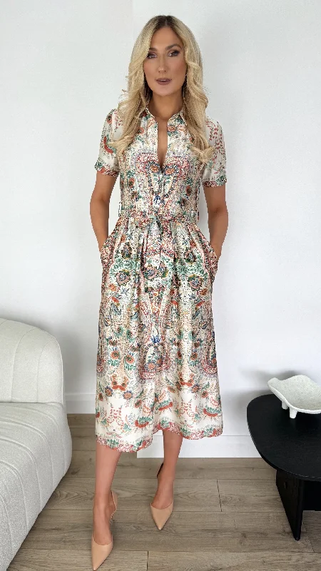 Chloe Button Up Belted Shirt Style Print Dress - Beige
