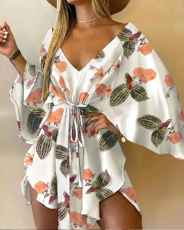 FLORAL PRINT TIE FRONT BATWING SLEEVE ASYMMETRICAL DRESS