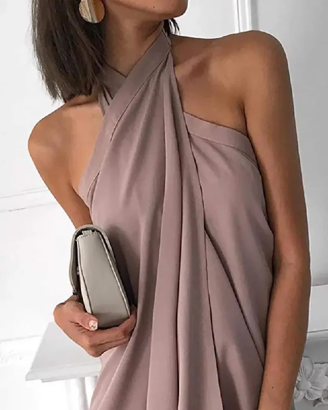 HALTER SLEEVELESS RUCHED DESIGN DRESS