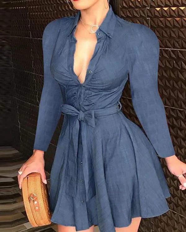 Mixed Print Buttoned Long Sleeve Ruffles Dress