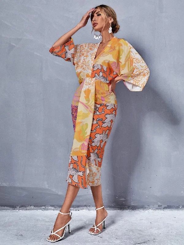 FLORAL PAISLEY PRINT V NECK BATWING SLEEVE DRESS