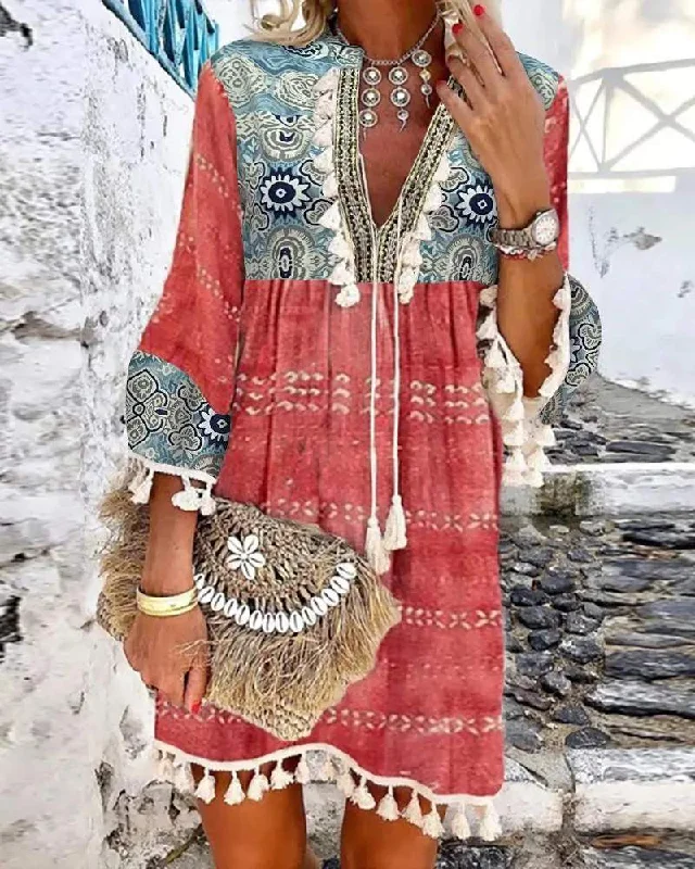ALLOVER PRINT TASSEL DESIGN PLUNGE BELL SLEEVE DRESS