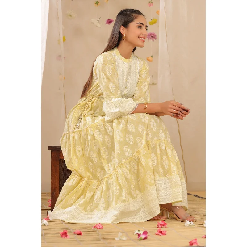 Juniper Limeyellow Cambric Printed Tiered Dress