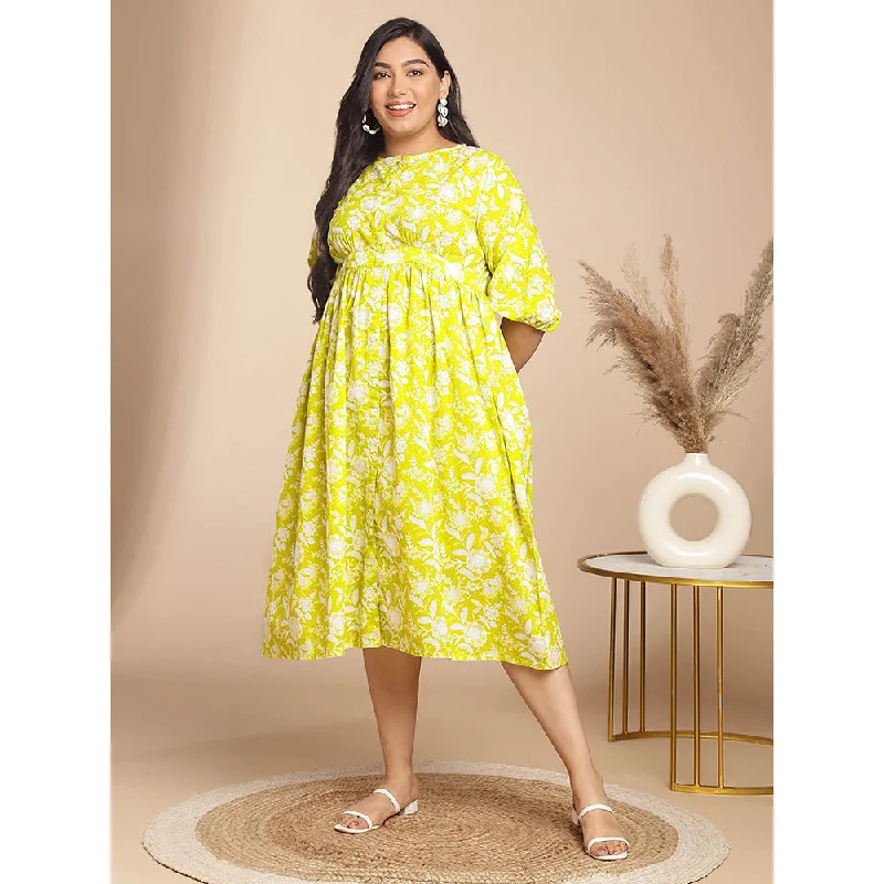 Janasya Women Plus Size Lime Green Cotton Floral Dress