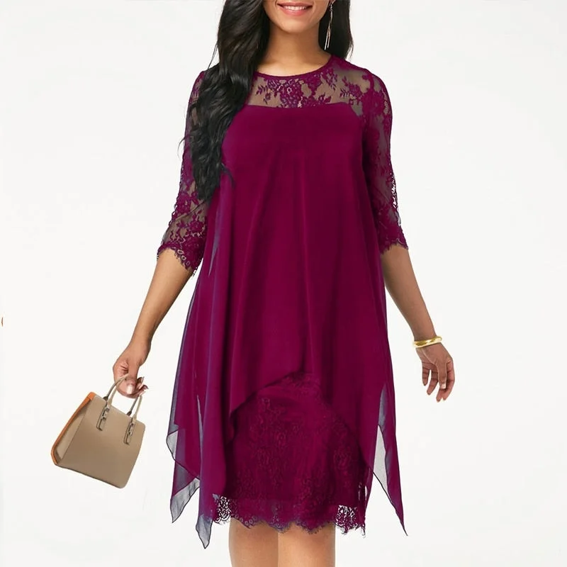 2019 Newest Women's Fashion Casual Loose Half Sleeve Elegant dress Round Neck Solid Color Big Size Lace dress 15 colors 2XS-5XL