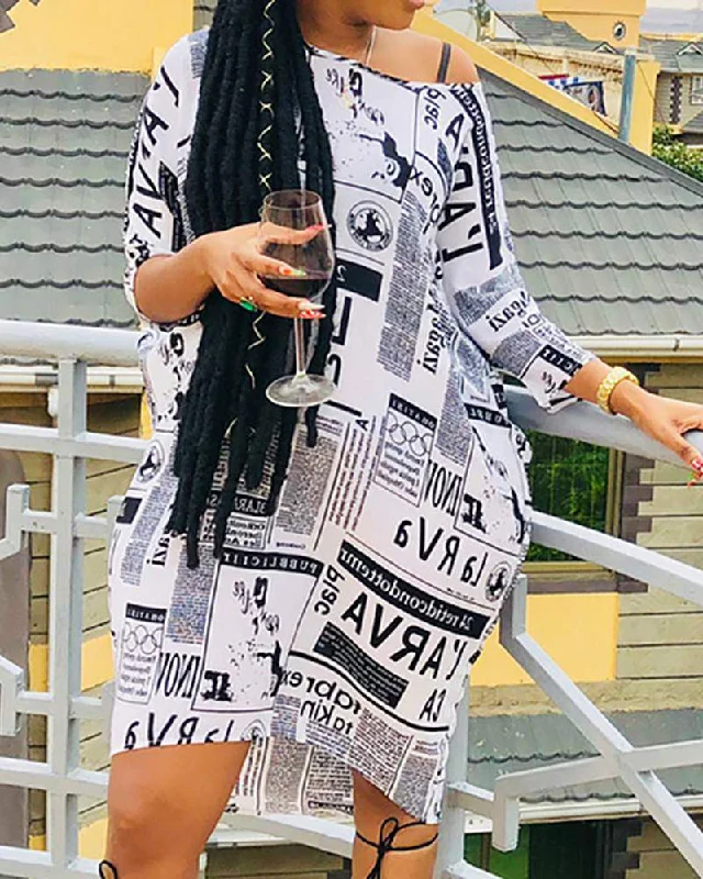 One Shoulder News Paper Print Casual Dress