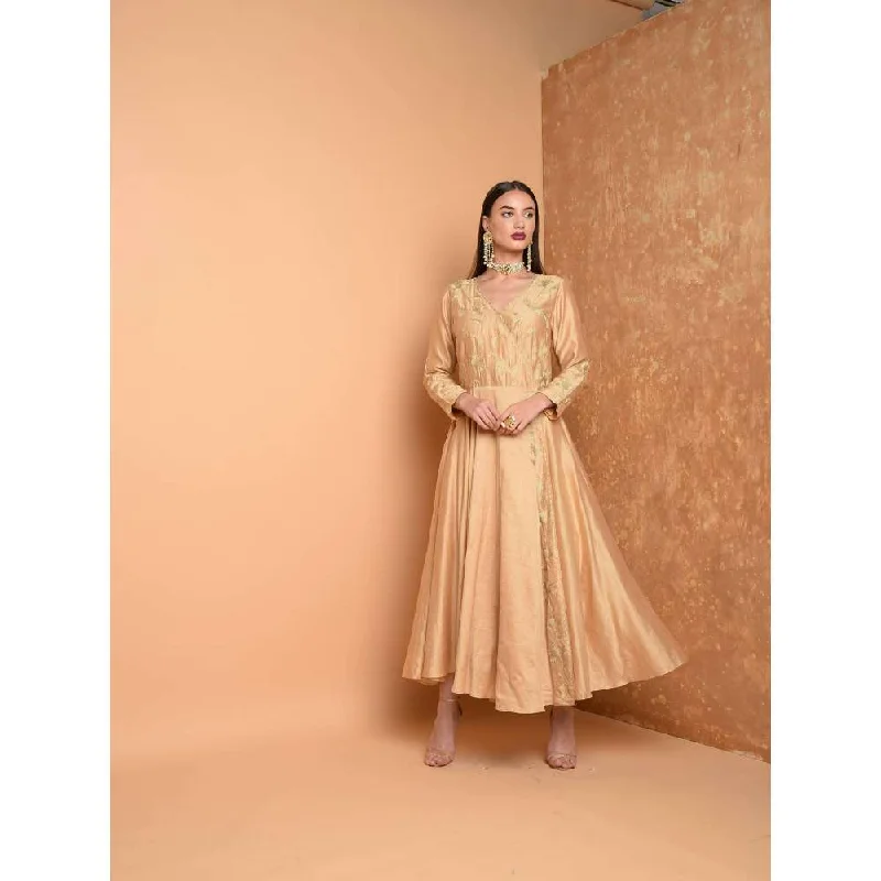 Kaanchie Nanggia Beige Silk Embroidered Anarkali Dress