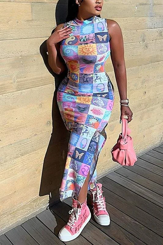 SLEEVELESS GRAPHIC LONG DRESS