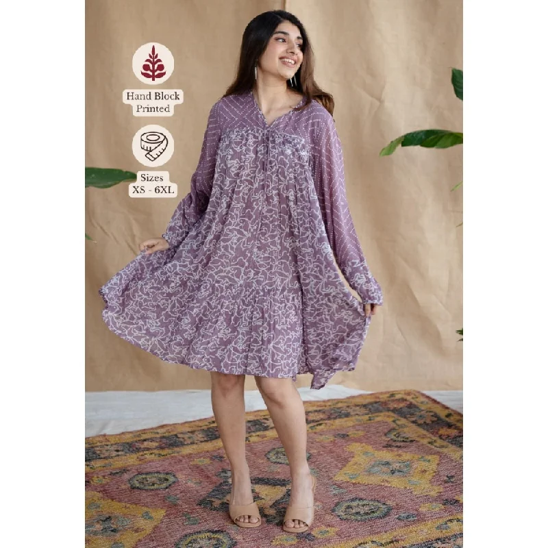 The Indian Ethnic Co. Lavender Loose Batik Hand Block Mul Dress With Slip (Set of 2)