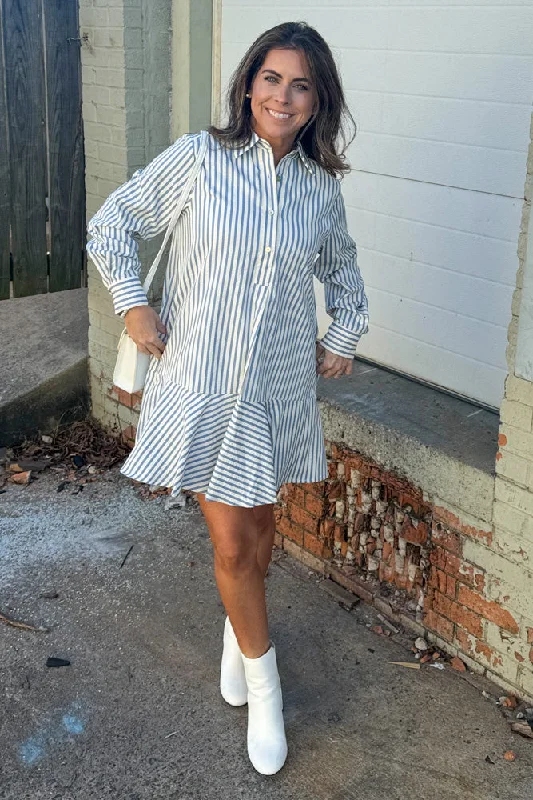 Drop Waist Striped Half Button Dress-Blue/White