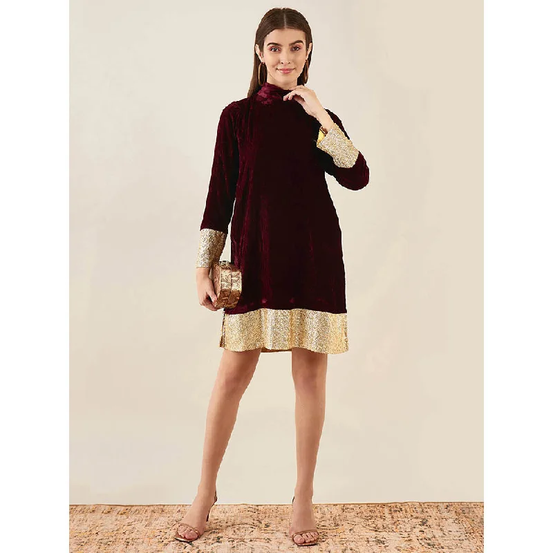 First Resort by Ramola Bachchan Maroon Silk Velvet Dress with Gold Sequin Border