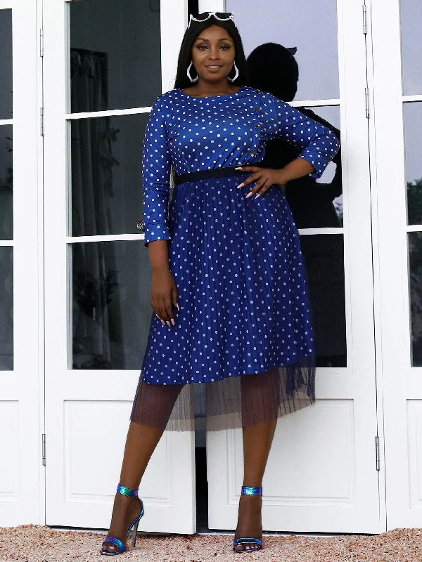 Blue Zone Planet |  Plus Size Decorative Button Polka Dot Dress and Tulle Skirt Set