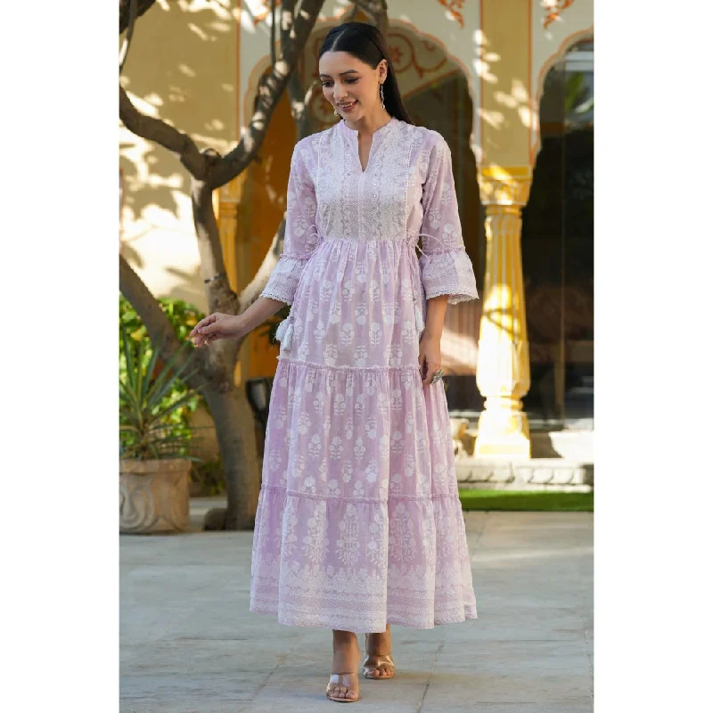 Juniper Womens Lavender Cambric Floral Printed Maxi Tiered Dress