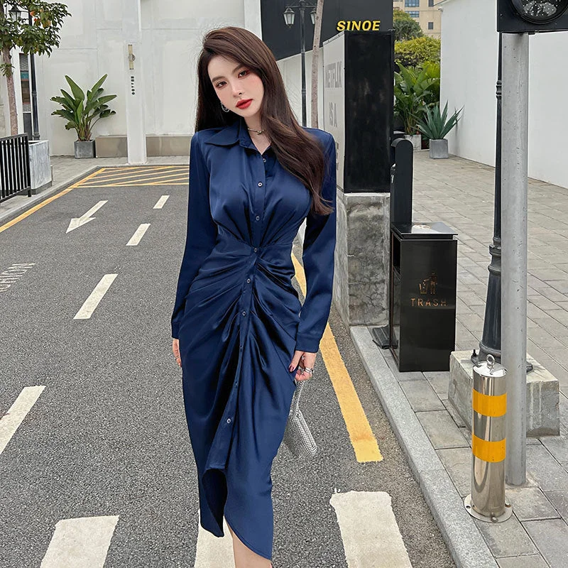 Elegant Women Slim Waist Long Sleeves Shirts Dresses
