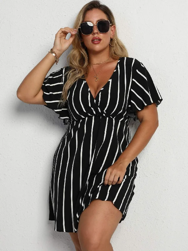 PLUS STRIPED SURPLICE NECK A LINE DRESS