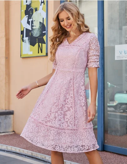 TastyHottie - embroidered lace V-neck waist slim A-line dress Tunics Print Colorful