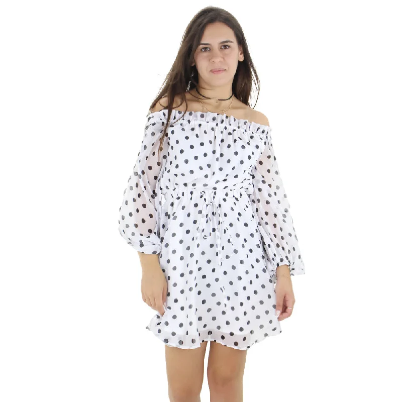 Women's Elastic Waist Polka Dots Dress,White Tunics Ceremony elegant