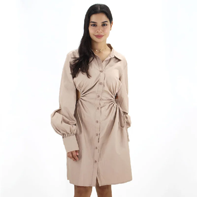 Women's Open Waist Bottuns Dress,Beige Tunics Evening elegant