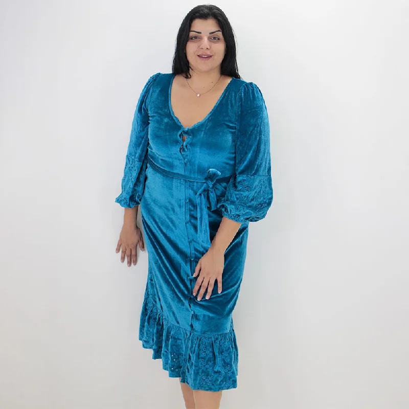 Women's Velvet Ruffled Long Dress,Blue Tunics Leisure comfortable