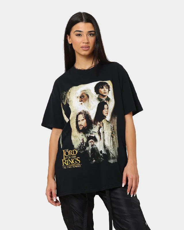 American Thrift X Lord Of The Rings The Two Towers Poster Vintage T-Shirt Washed Black Chenille Fabric Brocade Fabric Lace Fabric