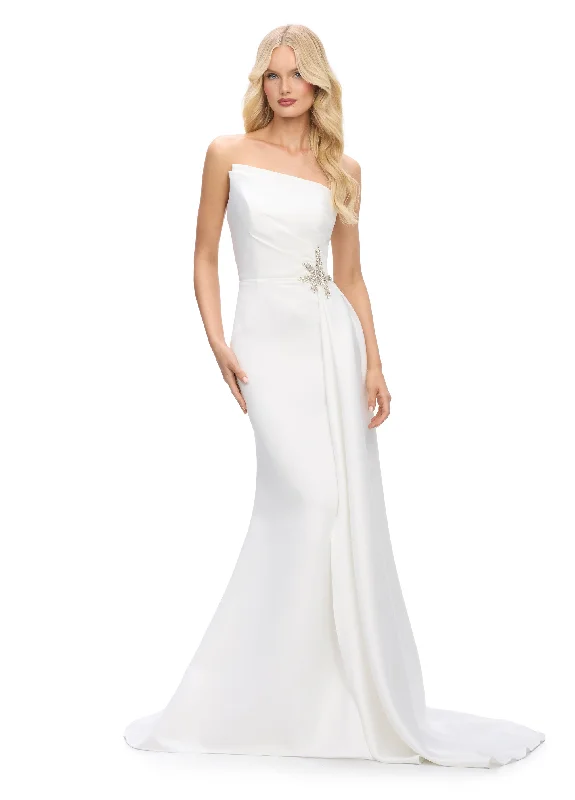 Ashley Lauren 11700 Asymetrical Neckline Evening Gown Satin Ruched Embellished Waist Leading to Flowy Side Train Bodycon Club Sequined Ashley Lauren 11700 Asymetrical Neckline Evening Gown Satin Ruched Embellished Waist Leading to Flowy Side Train Bodycon Club Sequined