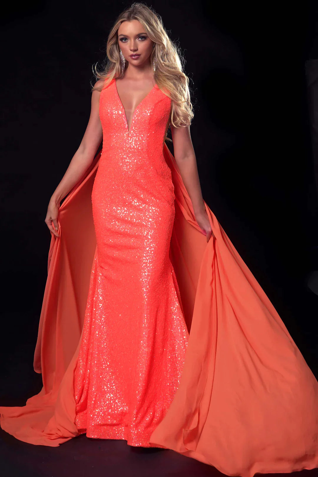 Ava Presley 37346 Size 6 Neon Orange Long Fitted Mermaid Sequin Prom Dress Pageant Gown Detachable Cape Sleeves Tunics Versatile functional Ava Presley 37346 Size 6 Neon Orange Long Fitted Mermaid Sequin Prom Dress Pageant Gown Detachable Cape Sleeves Tunics Versatile functional