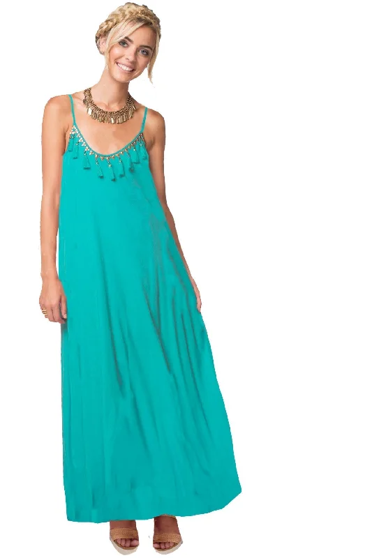 Escape to Bali Dress wit Gold Metal Embleshment Square Neckline Feminine